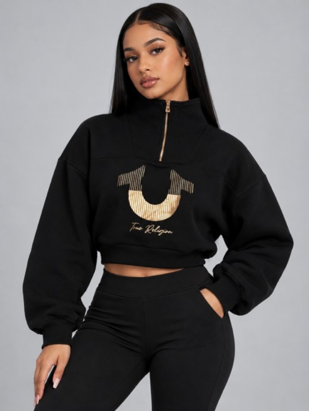True Religion Ladies Black Cropped Pullover with Gold Logo